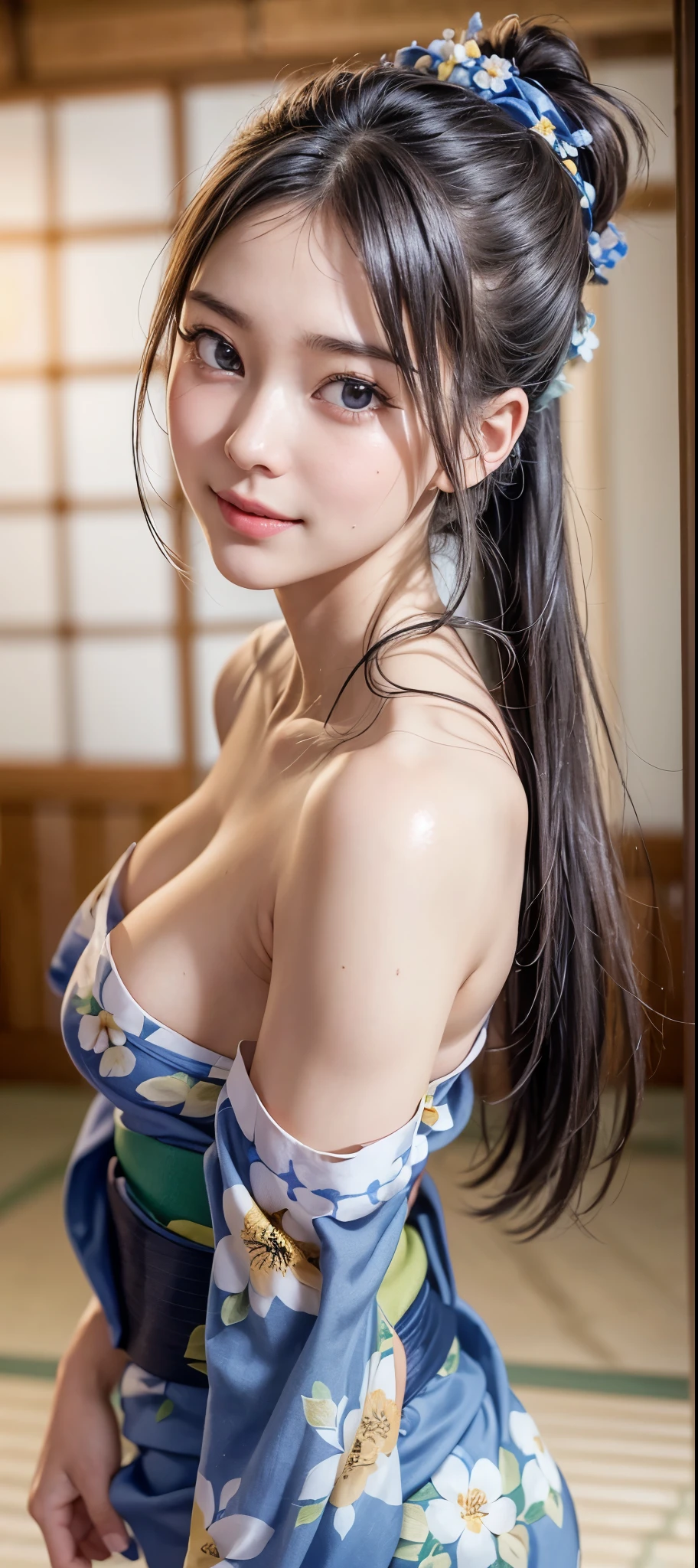 (1girl), ponytail, Extremely cute face, Amazing face and eyes, (Highly detailed eyes, Highly detailed face), fresh, Very clean appearance, (Hyper-realistic, hight resolution), (Best Quality:1.4), (hyper quality), (((big breast))), Authentic skin texture, Raw photo, (Realistic, Photorealsitic:1.37), extremely detailed, (((big breast))), Professional Photography, (floral pattern yukata:1.5), (big Open yukata), (cleavage:1.2), (Bare shoulders), Smile slightly, (Staring at me), Bedroom, girl portrait, (((big breast)))