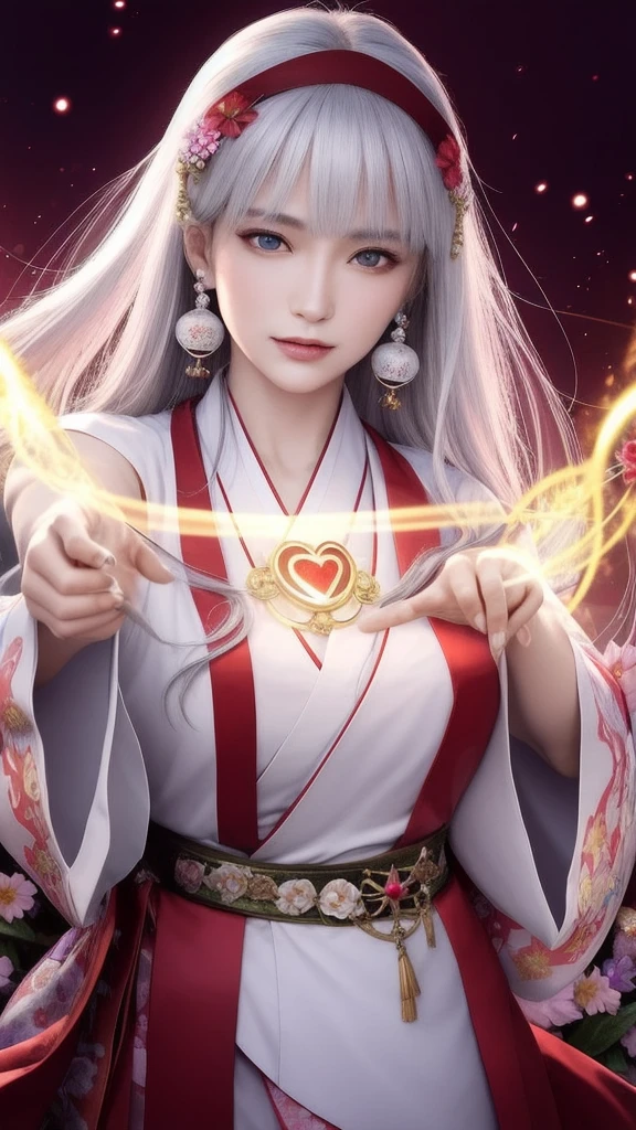 (masterpiece, top quality, 1 female, solo, exquisite details, chromatic aberration), (realistic), (skin), ((breathing)), (silver hair, blunt bangs, cropped straight long hair, short bangs, silver hair), beautiful hair, red headdress, highlights, hair on one eye, beautiful eyes, purple eyes, thick lips, earrings, piercing eyes, ((gold and white kimono)), ((symmetrical eyes)), ((perfectly symmetrical body)), ((perfectly symmetrical hands)), (purerosface_v1:0.3), full moon night, ((self, natural light))), bright lighting, flowers blooming in background, in front of viewer, ((central shot, from the front, (face and shoulders))), mysterious atmosphere, colorful flowers blooming around, bright colored background, shrine maiden in kimono, beautiful shrine maiden, Shrine maiden, fantasy female shrine maiden, female fortune telling shrine maiden, fantasy photography, Japanese style, elegant cinematic fantasy art, fantasy woman, sorceress portrait, powerful wizard surrounded by mystical colorful flowers, holding a glowing heart crystal ball, eyes glowing with mystical energy, spells leaking from her mouth, vibrant sorcery vortexes pulsating with rainbow hues appear in the air, magic permeates, flowers bloom, sacred creatures gaze in awe, threads of magical energy dance, reveal hidden realms, unravel secrets, capture the essence of this enchanting moment and bring to life the mystical power of sorcery on a canvas of the highest quality and finest detail. Top quality, masterpiece, ultra high resolution, (photorealistic: 1.4), RAW photo, sharp focus, high resolution, detailed skin.
Flowers blooming all around, bright colored background, fortune teller in kimono, beautiful fortune teller, fortune teller, fantasy female fortune teller, female fortune teller, fantasy photography, Japanese style, fortune teller in kimono, elegant cinematic fantasy art, fantasy woman, magician portrait, fortune teller, powerful wizard surrounded by mystical colorful flowers, holding a glowing heart c