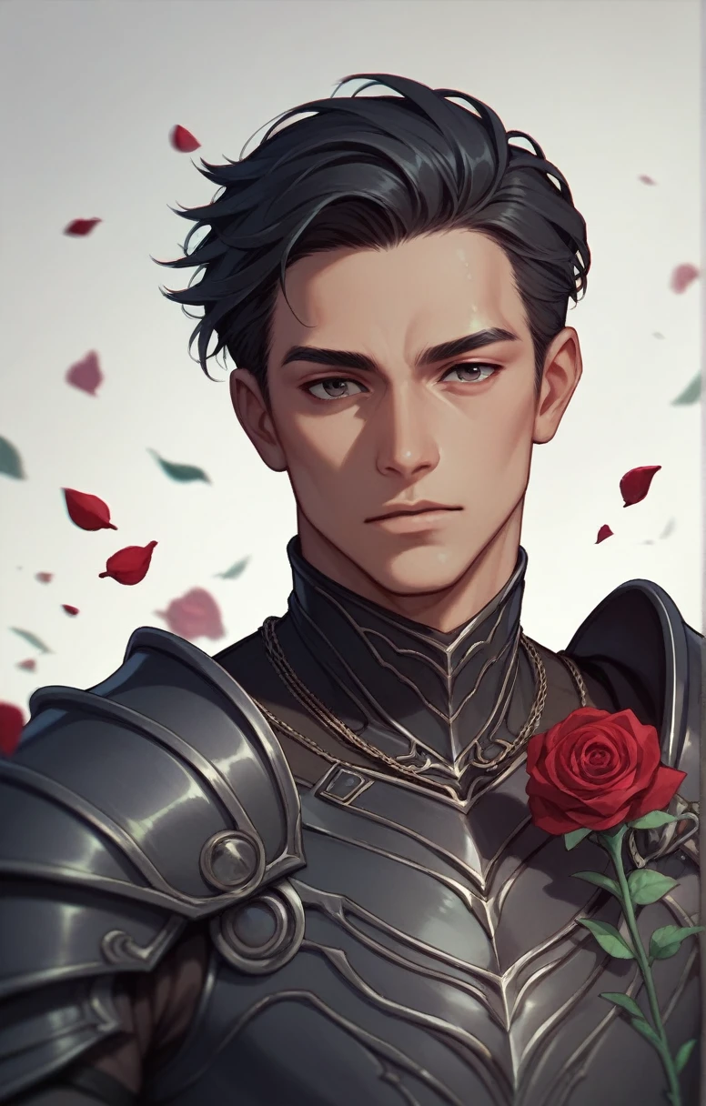 Black haired man with dark eyes and wearing black armor with red details with a black rose With beautiful man face
