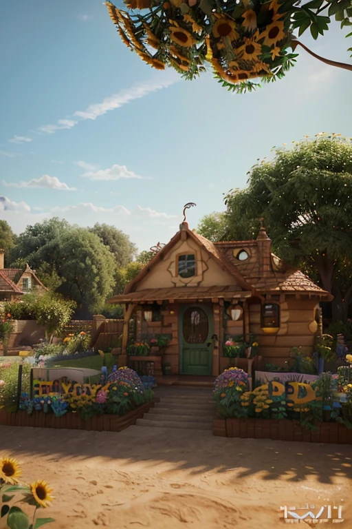 Create a 3D poster in Disney PIXAR style. ((Center of the image, for children)), ((all this in Disney PIXAR 3D style, In the background, A house of sunflowers, Gloria Studio, The garden is full of nature. 3D render of RTX clay material., cardboard design style, Pop Store, soft lighting, soft lines, Spring tilt, Detailed PIXAR 3D illustrations, Hyperrealistic details, Warm color in Disney PIXAR 3D style)) put a message in the garden what it should say: Happy Birthday Lizeht, the color of the letters should stand out from the image