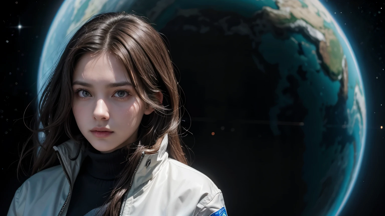 A beautiful woman. Mid twenties. Dark brown hair. She is looking at the camera with a defiant expression. She is wearing a researcher's lab coat. Image of outer space and virtual reality in space behind her.