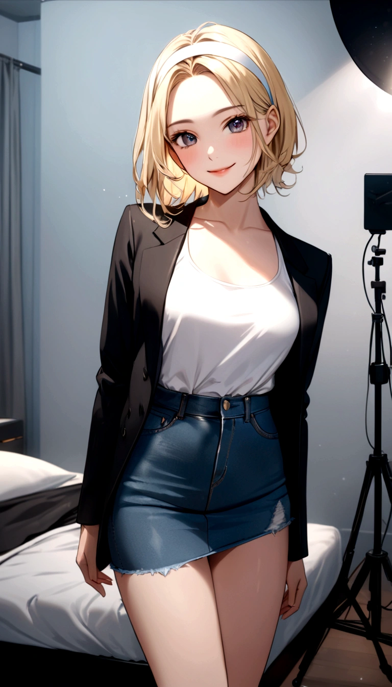 anime illustration of a pretty blonde hair young woman, smiling, dancing in her bedroom, broadcasting TikTok, {she wearing black blazer, white tanktop, light-blue denim pencil mini skirt, white headband}, (best quality,4k,8k,highres,masterpiece:1.2),ultra-detailed,fashion,portrait,studio lighting,gorgeous lighting,beautiful woman,warm colors,elegant,stylish outfit,flawless skin,intricate detail