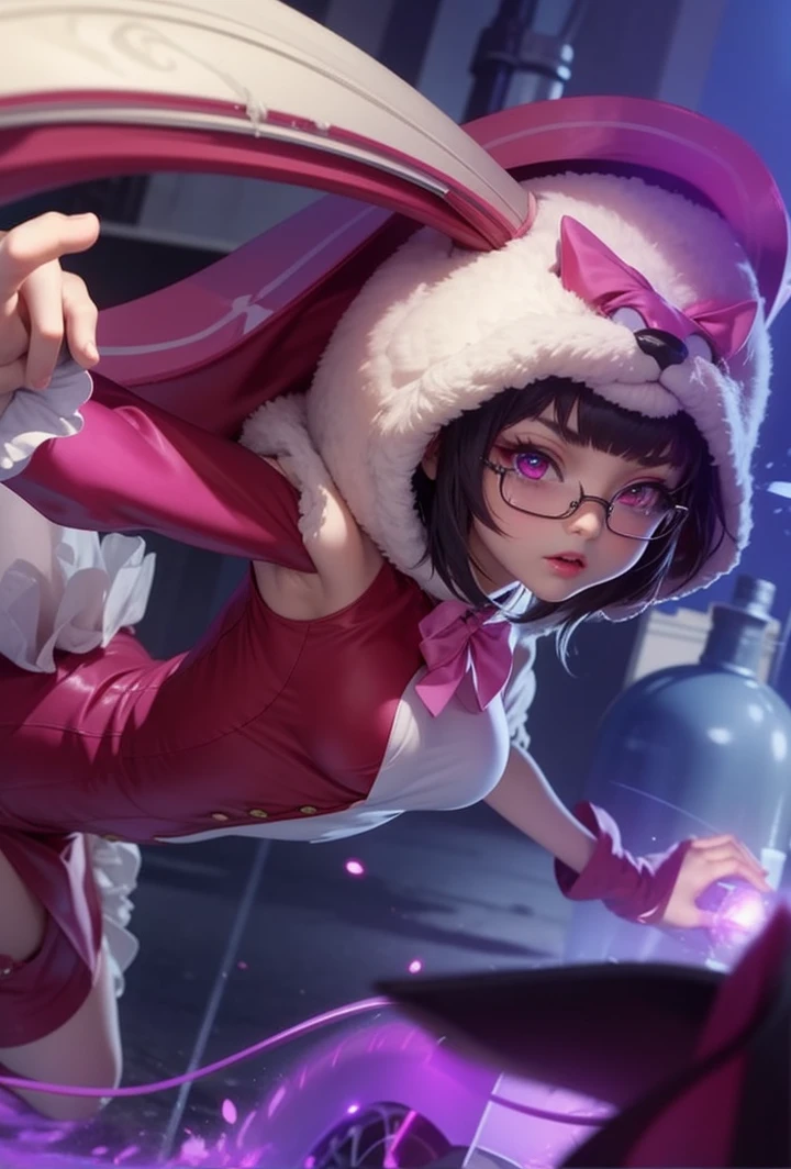 White hair. Short hair. Anime girl. Pink eyes. Glowing eyes. Nekomimi. White clothes. Black skirt. Pink tie.