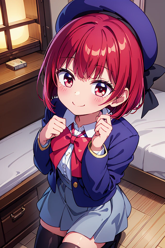 ((masterpiece)), ((best quality)), (ultra-detailed), ((kawaii)), cute, (lovely),(gleaming skin),from directly above,looking up at viewer, very close to viewers, view straight on, light blush, Wariza, ((seductive smile)), arima kana,aakana,red hair, short hair, ((hollow eyes)), beret, red eyes, blue headwear, red bowtie, collared shirt, blue jacket, open jacket, long sleeves, grey skirt,black thigh high socks,night,hotel room