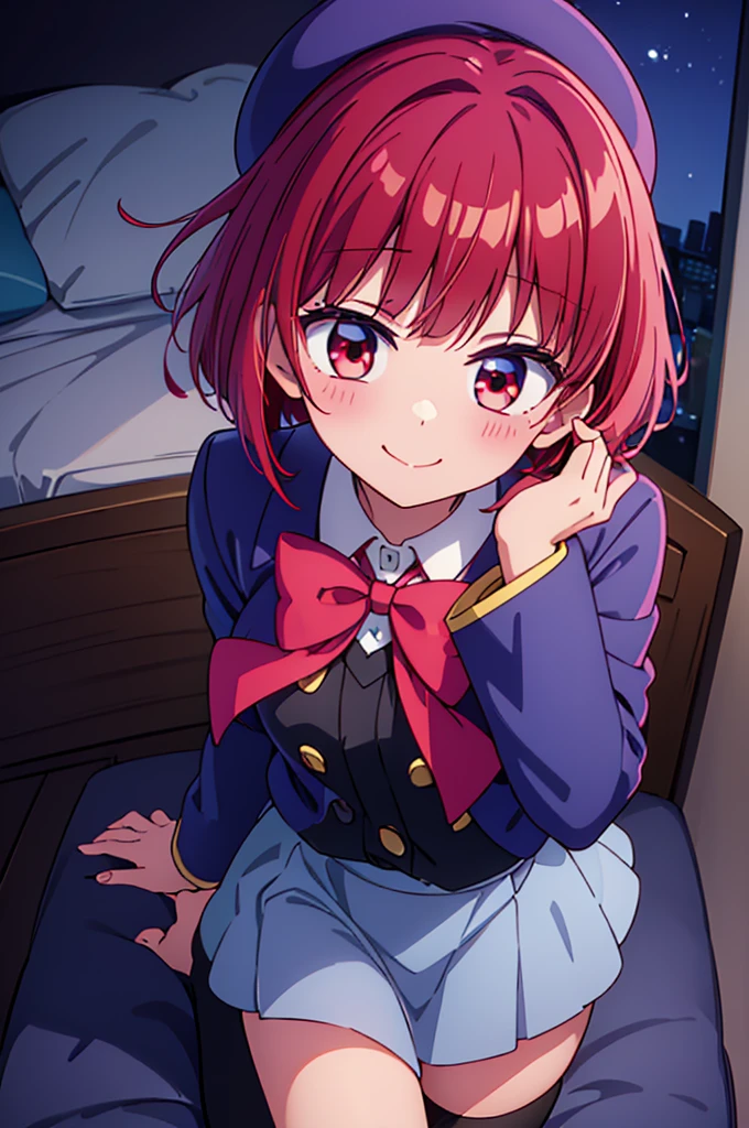 ((masterpiece)), ((best quality)), (ultra-detailed), ((kawaii)), cute, (lovely),(gleaming skin),from directly above,looking up at viewer, very close to viewers, view straight on, light blush, Wariza, ((seductive smile)), arima kana,aakana,red hair, short hair, ((hollow eyes)), beret, red eyes, blue headwear, red bowtie, collared shirt, blue jacket, open jacket, long sleeves, grey skirt,black thigh high socks,night,hotel room