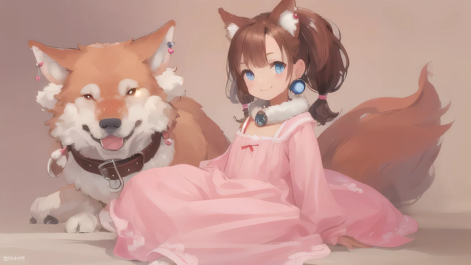 winnie, werewolf, canine, small, young, wolf cub, 1girl, solo, pigtails, beautiful cute face, smile, brown fur, big black nose, big blue eyes, wide hips, earrings, spiked collar, sheer pink sundress, looking at viewer, full body, detailed, detailed background, realistic, textured fur