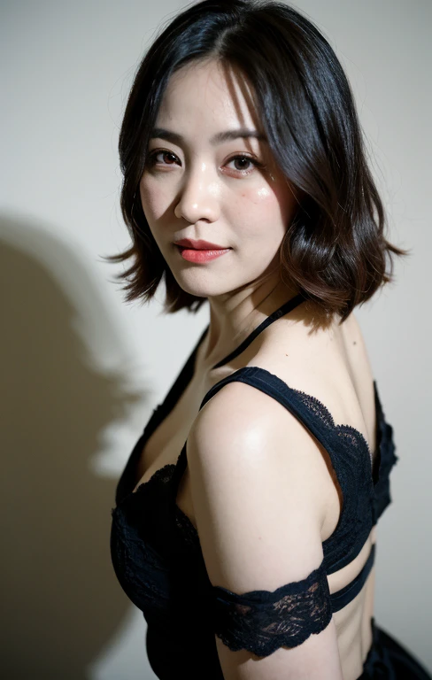 ((Best Quality, 8k, Masterpiece, Portrait: 1.3)), (from below, looking at viewer), (cowboy shot:1), Photorealistic, Sharp Focus, Solo, Japan Milf, Beauty, Catsuit with Cleavage View, 30 Years Old, Wavy Hair, Wrinkles at the Corners of the Eyes, Showing Armpits, Sexy,Mature Woman,Emphasized,((Huge:1.4))),lewd,Erotic, gorgeous bra, (loose waist:0.5),, darkness messy floors,(open mouth:0.7), (_female),