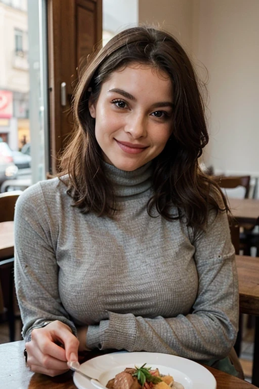 Beautiful woman, Scrawny, healthy, happy expression, satisfied with the body, dressed in jeans and a cold coat and wearing a turtleneck underneath, fashionable clothes of the year 2024, ela está em Maison de La Truffe um restaurante chic em Paris, posing for a photo sitting on the chair near her table with a typical French dish, chestnut velouté with duck foie gras, and smiling, Photo to post on Instagram, face detailed, gorgeous eyes, beautiful lips, detailed hair, athletic body, natural lighting, dynamic pose, clean background, swirly vibrant colors, cinematic lighting, high qualiy, photorrealistic, chic, dynamic, mighty