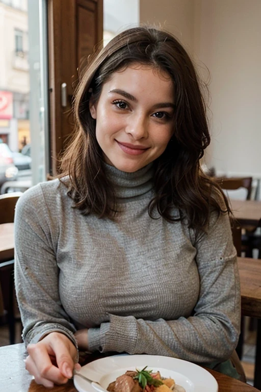 Beautiful woman, Scrawny, healthy, happy expression, satisfied with the body, dressed in jeans and a cold coat and wearing a turtleneck underneath, fashionable clothes of the year 2024, ela está em Maison de La Truffe um restaurante chic em Paris, posing for a photo sitting on the chair near her table with a typical French dish, chestnut velouté with duck foie gras, and smiling, Photo to post on Instagram, face detailed, gorgeous eyes, beautiful lips, detailed hair, athletic body, natural lighting, dynamic pose, clean background, swirly vibrant colors, cinematic lighting, high qualiy, photorrealistic, chic, dynamic, mighty