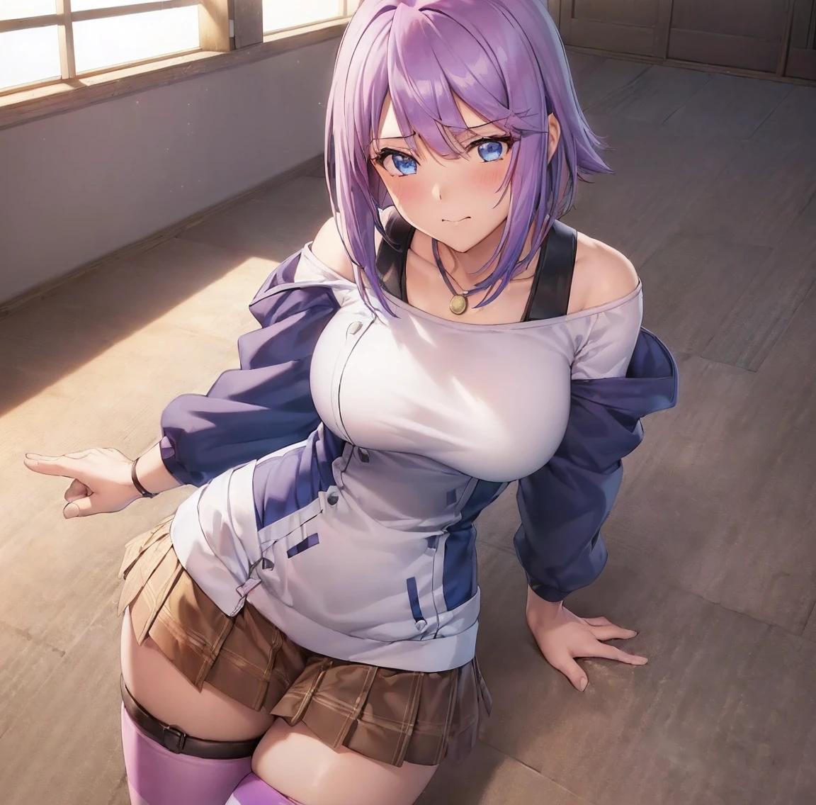 ((1girl)), ((alone)),shirayuki mizore, ((extremely detailed CG unity 4k wallpaper)), (masterpiece), (ultra quality), (ultra detailed), (best illustration), (best shadow), (extremely detailed), looking at viewer, (absurdities), (detailed background), curvy body, dynamic pose, cowboy photo, medium breasts, medium waist, wide hips, wide thighs, round butt, ((hair short: 1.4, nape length, blue eyes, light purple hair, caramel, lollipop, (swept bangs: 1.5), Short skirt, thigh high, striped, plaid, thigh strap, striped thigh high, off shoulder, raglan sleeves, clavicle, off shoulder, jacket, white jacket, necklace,)),smile, closed mouth) ), standing, cowboy photo, backlight, ((solo)), ((standing: 1.4, interior, Japanese school, classroom, desk, window, sunset, (stoic expression, blushing, sexy, closed mouth, sexy pose ), looking forward, ((focus on breasts), point of view: (from above), perfect anatomy, perfect hands,