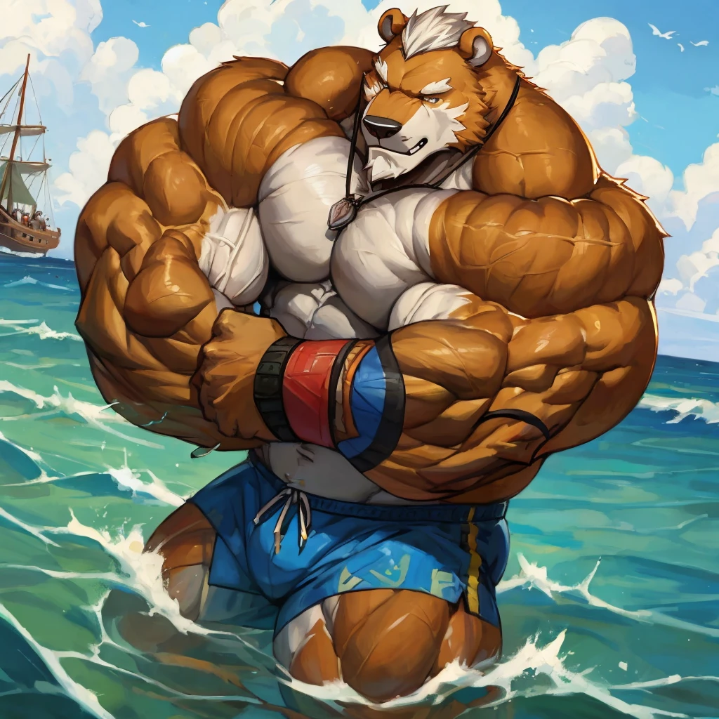 a huge muscular furry polar bear old man swimming in sea, huge shoulder muscle , shirtless, muscle, strong man, huge muscle, huge white fur, short hair, bearded, white hair and beard, white fur, wrinkles skinned, wristbands, black short trunks, strong muscle, strong and intimidated, masterpiece, muscular, commission for high res, male, fantasy art, very very beautiful art, art painting , painting art