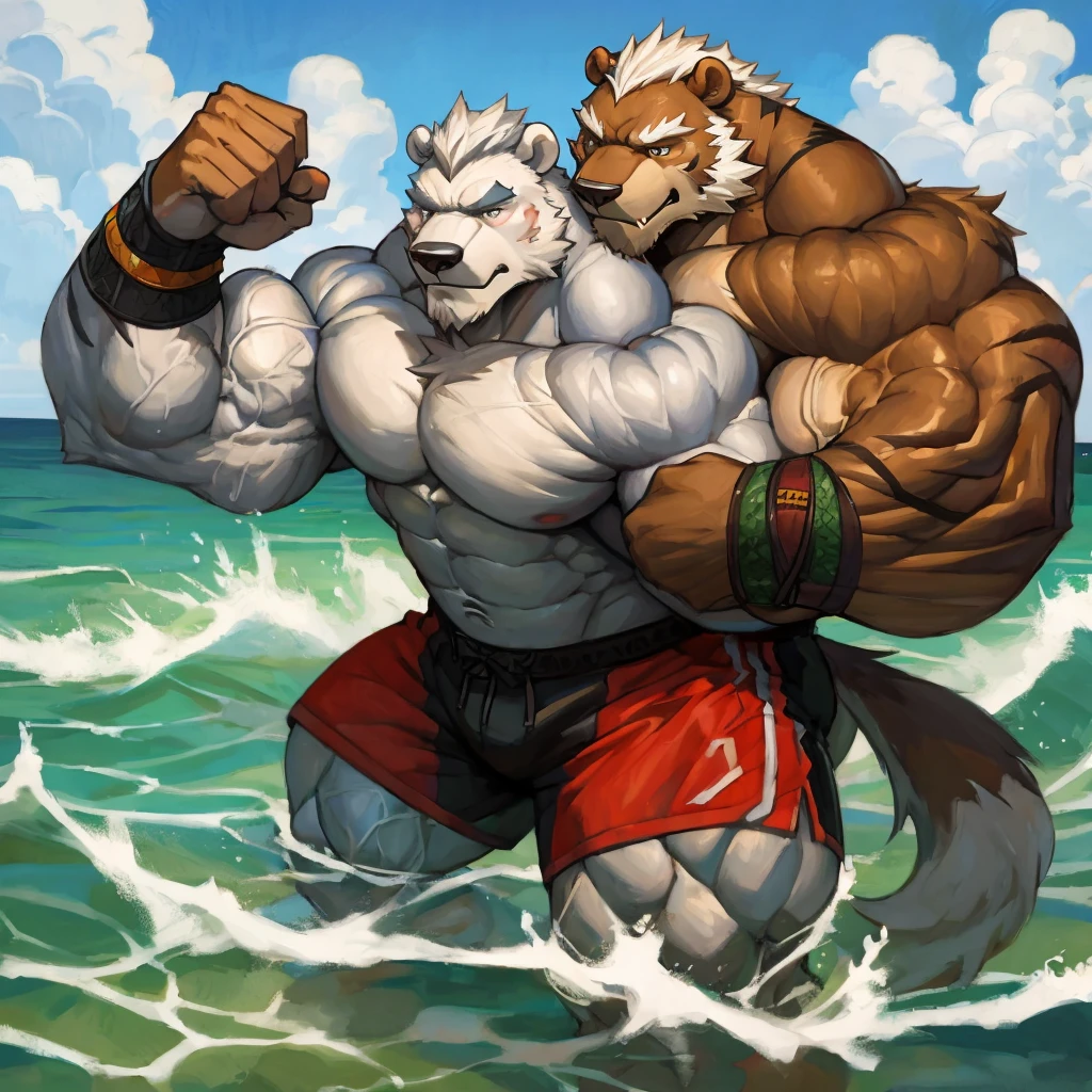 a huge muscular furry polar bear old man swimming in sea, huge shoulder muscle , shirtless, muscle, strong man, huge muscle, huge white fur, short hair, bearded, white hair and beard, white fur, wrinkles skinned, wristbands, black short trunks, strong muscle, strong and intimidated, masterpiece, muscular, commission for high res, male, fantasy art, very very beautiful art, art painting , painting art
