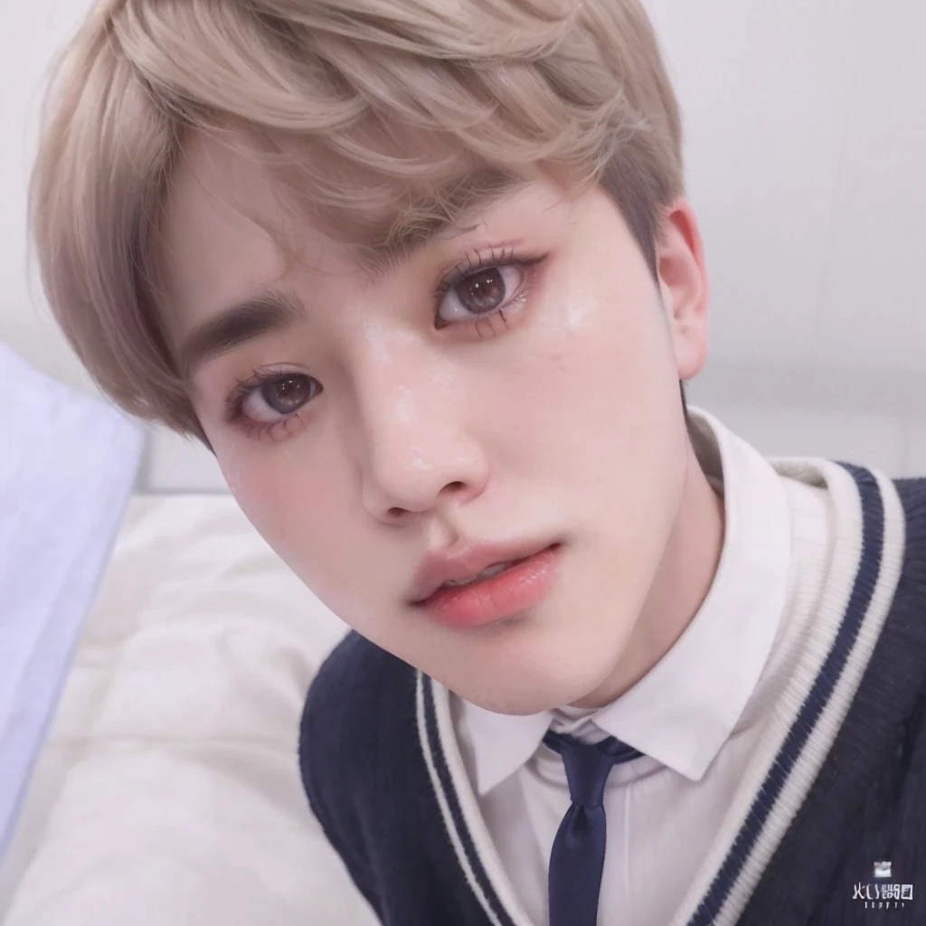 blurred photo of a boy in a tie and sweater, Jimin\the full lips, accurate Jimin face, park Jimin, Jimin, Jimin\the right eyelid is swollen, Jimin\the Greek nose, jung jaehyun, hyung tae, Tae June Kim, profile picture with headshot, Hong Jun Hyung, adorable and pale korean face, Kim Doyoung