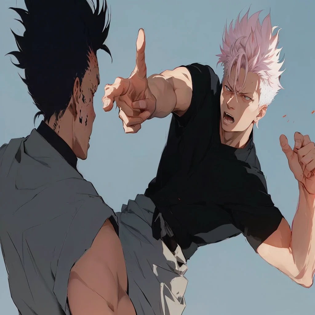 anime characters are fighting with each other in a fight, close-up fight, anime fight, fight pose, jujutsu kaisen, fighting pose, badass pose, fight scene, gojo satoru, sukuna, gojo wrapped legs around sukuna, pointing 2 fingers at sukukas face in, anime style, anime lighting, realistic anatomy, jujutsu kaisen, (best quality), (highest quality), anime style,