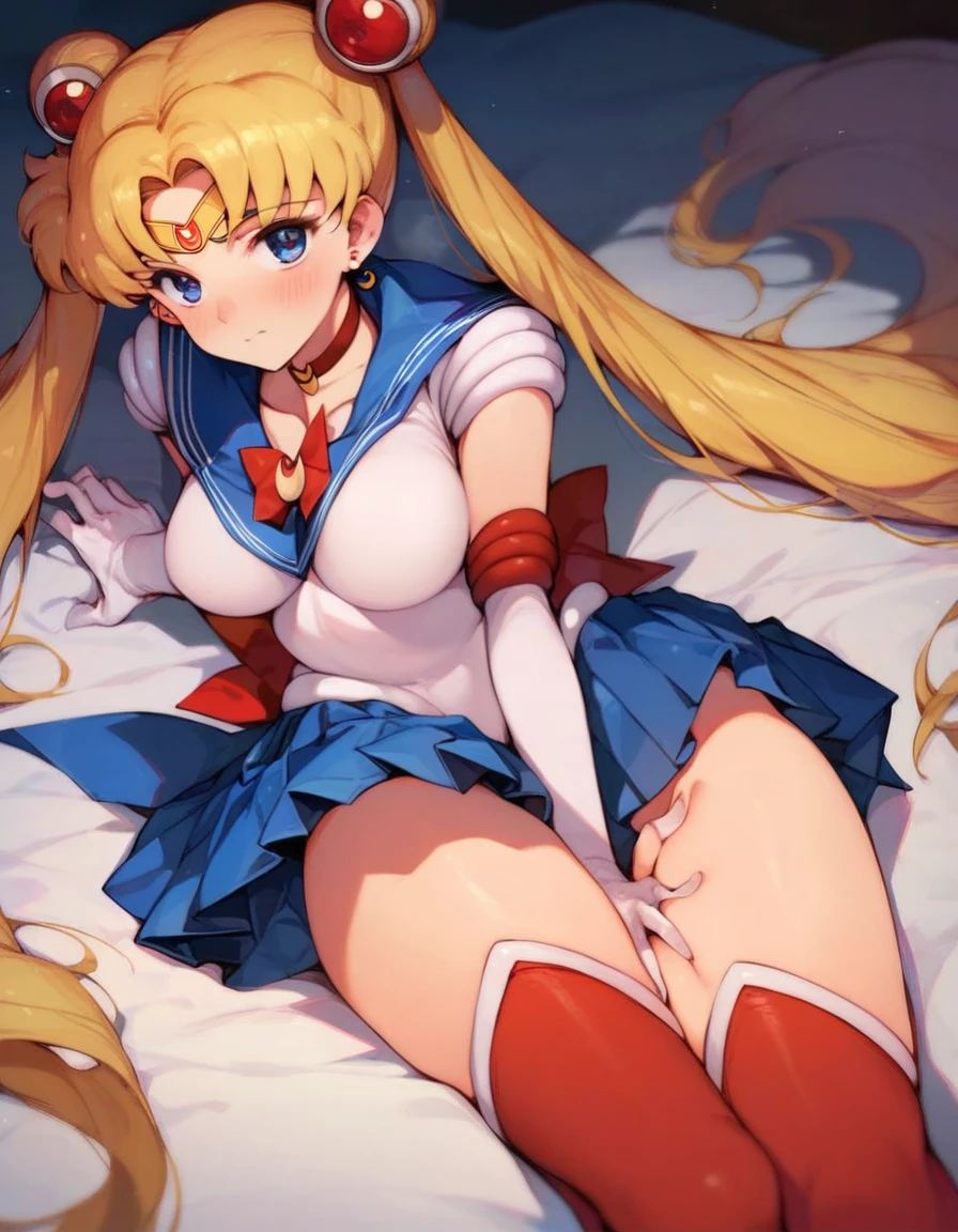 score_9, score_8_up, score_7_up,
bishoujo_senshi_sailor_moon,super_sailor_moon,tsukino_usagi,pleated_skirt,red_choker,thighhighs
on bed, thighs, hand between thighs, blush, look at viewer, lying