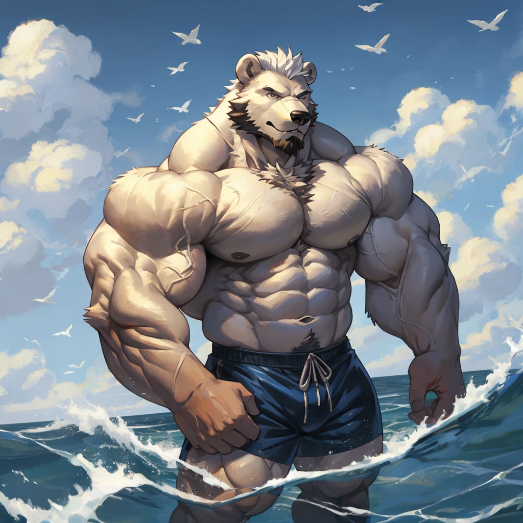 a huge muscular furry polar bear old man swimming in sea, huge shoulder muscle , shirtless, muscle, strong man, huge muscle, huge white fur, short hair, bearded, white hair and beard, huge white fur, wrinkles skinned, black short trunks, strong muscle, strong and intimidated, masterpiece, muscular, commission for high res, male, fantasy art, very very beautiful art, art painting , painting art
