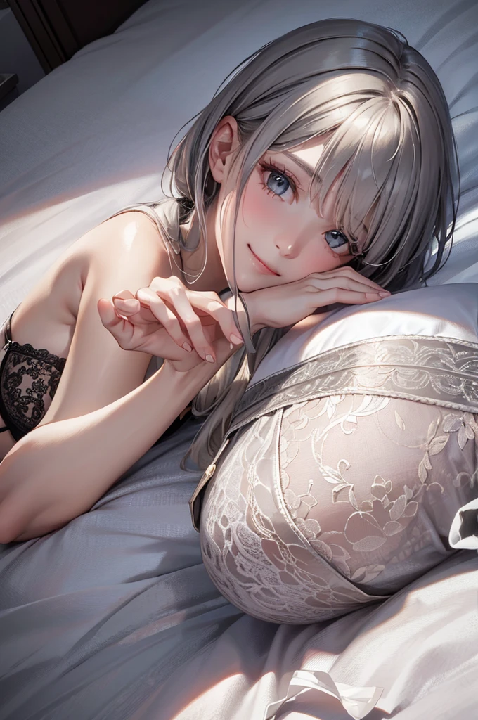 Best Quality,High resolution,8K,finelity detailed background,Masterpiece:1.2),beautiful girl,Glossy romance gray hair,asymmetrical hair,Gray eyes,Gentle look,A refreshing look,Best quality,Best Quality,Aesthetic and aesthetic:1.2,Best details((Super detailed))(High-definition CG illustrations),Grey underwear (gray,intricate lace),Slender body,moon,Late Night,Bedroom,On the bed,smile,blush,cute,Scrounge,Looking up,Being spoiled,super model,shoot from above