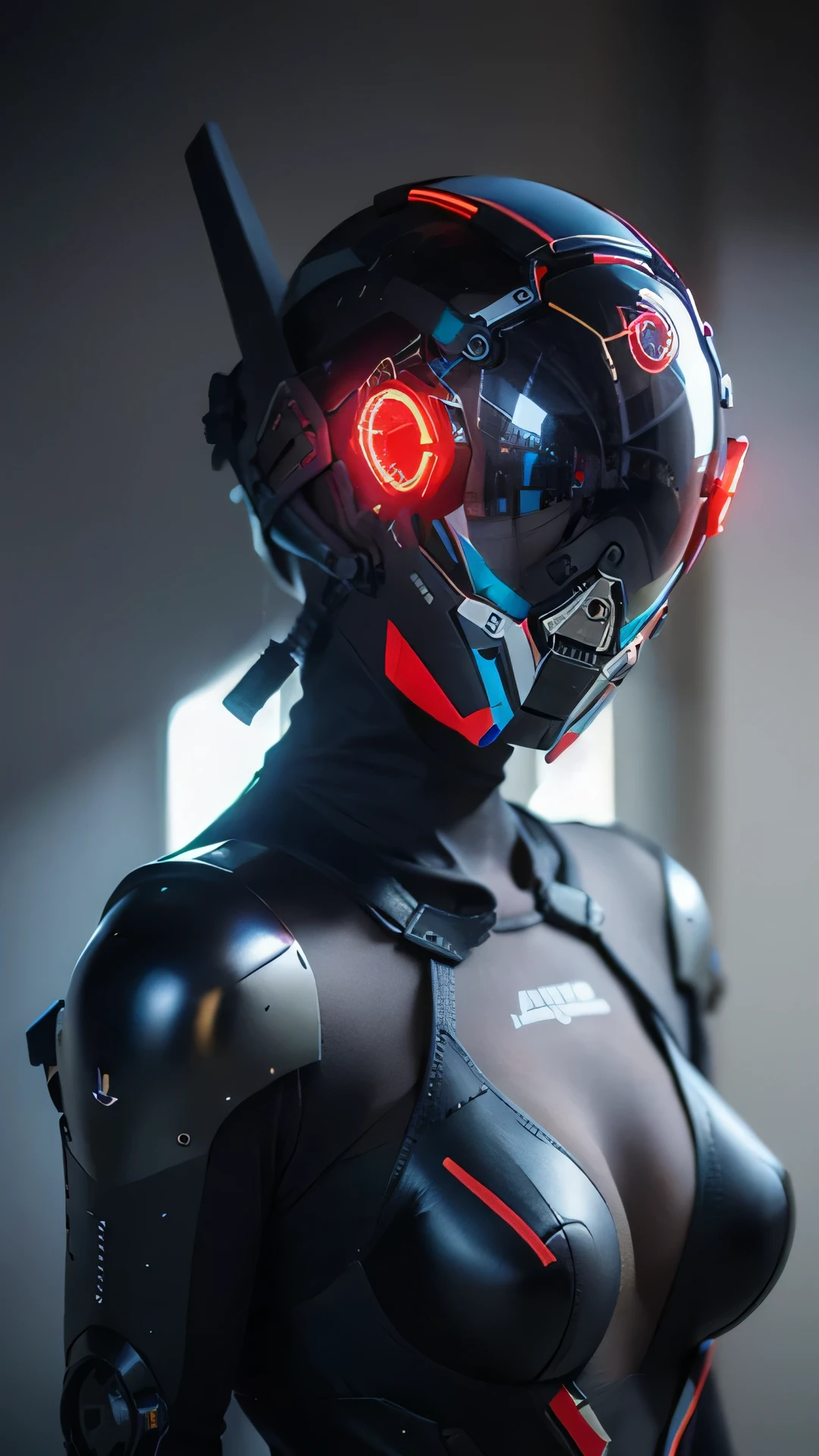 Masterpiece, Best Quality, a closeup of a futuristic looking cyborg girl with a fantastic cyber helmet head with red triangular LED lights and a halo, dressed in a black Techwear jacket, whole body white background