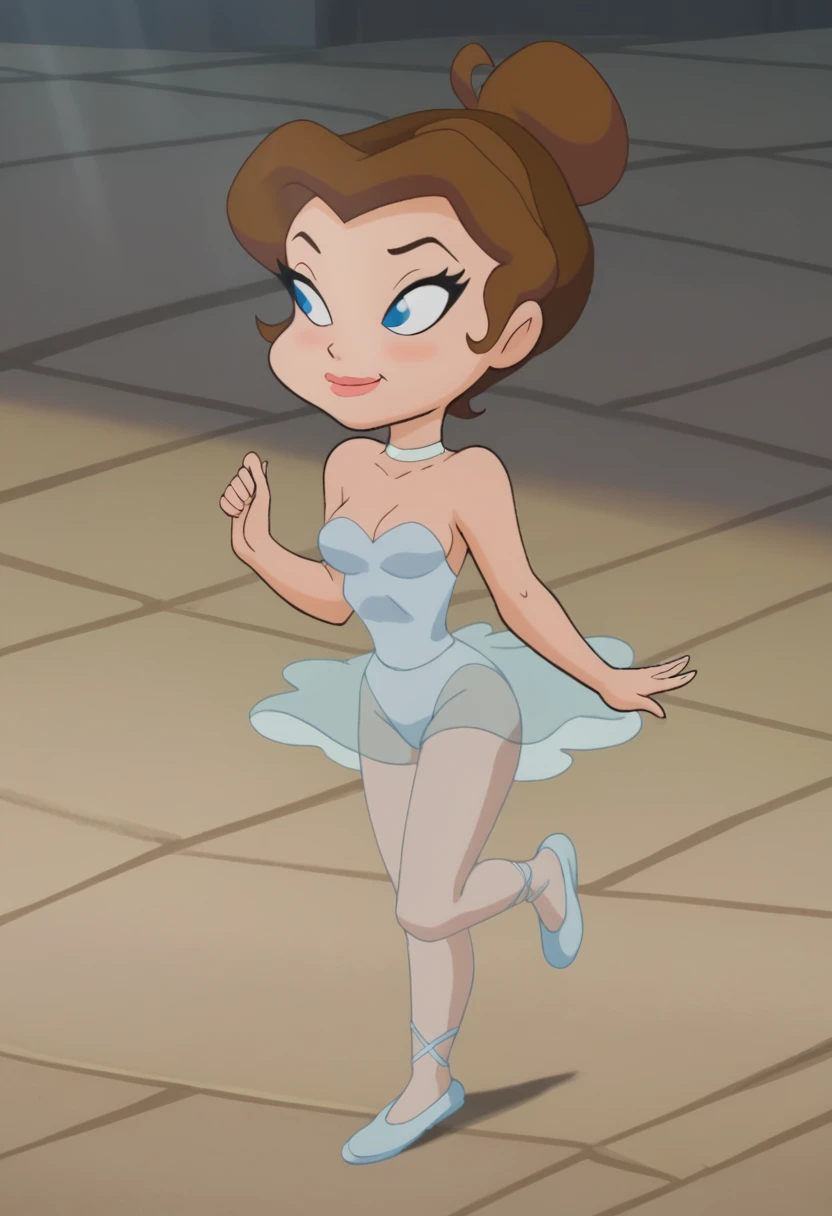 score_9, score_8_up, score_7_up, BREAK, LPB, brown hair, hair bun, blue eyes, leotard, ballet slippers
