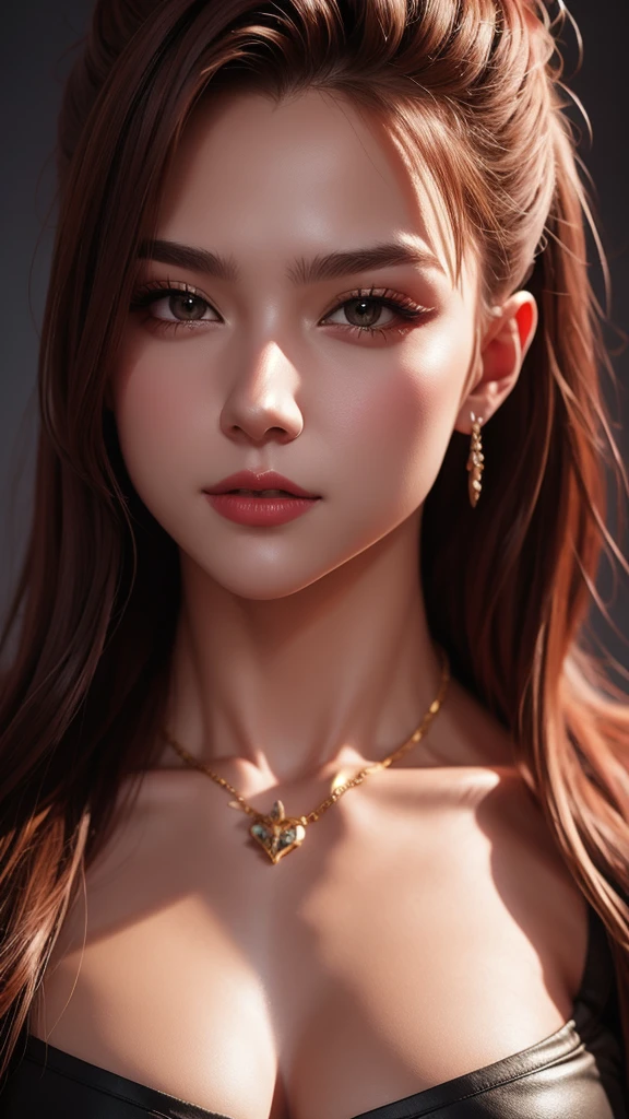 A close-up of a woman wearing a brown dress and necklace, beautiful asian girl, Cara sexy con maquillaje completo, asian features, Asian girl, asian beautiful face, beautiful Asian woman, Asian face, Labios claros y de alta calidad, an asian woman, Cara sexy, Beautiful aesthetic face, 18 years old, Rostro y cuerpo atractivos, Modelo de Instagram, asian women