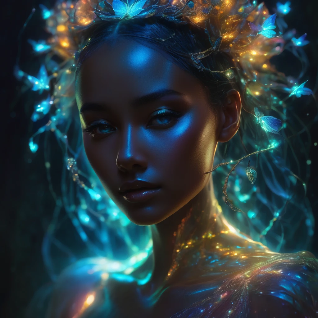 a charming anthropomorphic strong bioluminescent full bodygirl, translucent skin, strong glowing bioluminescent details, ethereal atmospheric lighting, dramatic chiaroscuro lighting, rich color palette, dreamlike fantasy, digital painting, hyperrealistic, 8k, high quality, intricate details, masterpiece, Nicola Samori