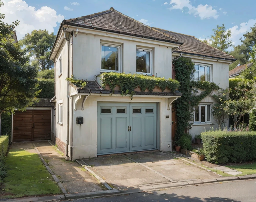 a beautiful three bedroom house in small English town, with beautiful nature. House has a garage at the corner, Big window on the first floor, stairs leading to the main door and portico. Medium size house. Single storey house. Car parking area on the side. Add stairs in the front of the house.