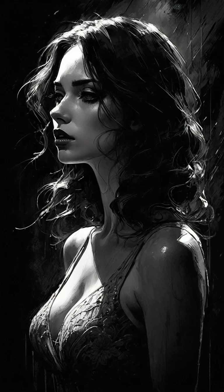  chiaroscuro, sensual, dramatic lighting, moody atmosphere, photorealistic, intricate details, masterpiece, ultra-detailed, high quality, 8k, best quality, realistic, cinematic, dark and brooding, expressionistic, powerful composition, emotional impact, black and white image,  Bill Sienkiewicz inspired art
