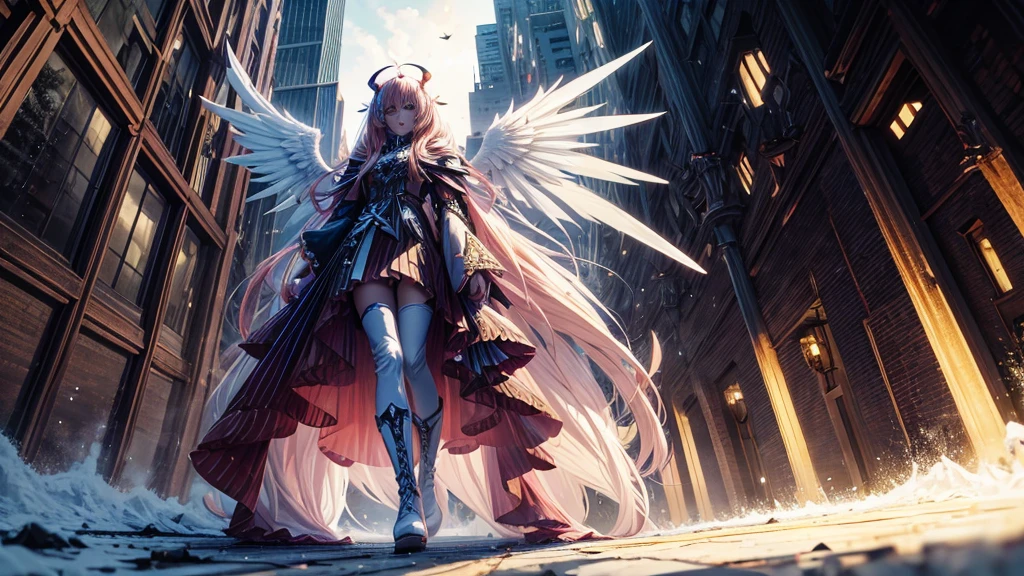high-angle shots, A beautiful mecha angel lady and an mecha evil devil lady walking side by side, one with long blonde hair in white flowing gown with wings on back of her arms, other has pink red black colored hair wearing cloak and ripped jeans boots and horns with bat tail behind them city background realistic high detail, photo, cinematic, anime, dark fantasy, vibrant, landscape photography, fullbody