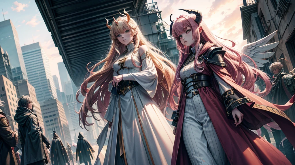 high-angle shots, A beautiful mecha angel lady and an mecha evil devil lady walking side by side, one with long blonde hair in white flowing gown with wings on back of her arms, other has pink red black colored hair wearing cloak and ripped jeans boots and horns with bat tail behind them city background realistic high detail, photo, cinematic, anime, dark fantasy, vibrant, landscape photography, fullbody
