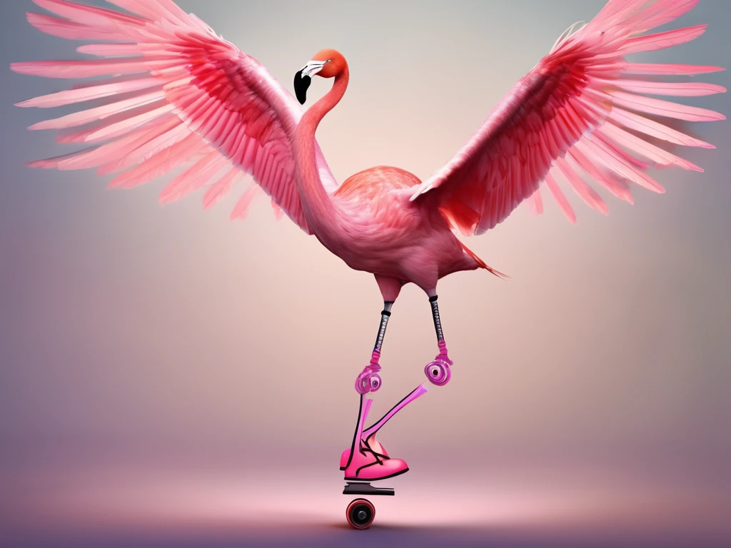 a beautiful flamingo wearing roller skates, on a disco, wings open, jumping in an ballet arabesque pose,