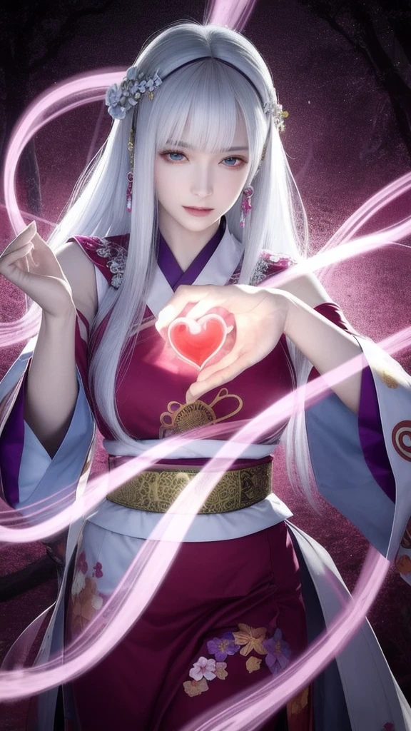(masterpiece, top quality, 1 female, solo, exquisite details, chromatic aberration), (realistic), (skin), ((breathing)), (silver hair, blunt bangs, cropped straight long hair, short bangs, silver hair), beautiful hair, red headdress, highlights, hair on one eye, beautiful eyes, purple eyes, thick lips, earrings, piercing eyes, ((gold and white kimono)), ((symmetrical eyes)), ((perfectly symmetrical body)), ((perfectly symmetrical hands)), (purerosface_v1:0.3), full moon night, ((self, natural light))), bright lighting, flowers blooming in background, in front of viewer, ((central shot, from the front, (face and shoulders))), mysterious atmosphere, colorful flowers blooming around, bright colored background, shrine maiden in kimono, beautiful shrine maiden, Shrine maiden, fantasy female shrine maiden, female fortune telling shrine maiden, fantasy photography, Japanese style, elegant cinematic fantasy art, fantasy woman, sorceress portrait, powerful wizard surrounded by mystical colorful flowers, holding a glowing heart crystal ball, eyes glowing with mystical energy, spells leaking from her mouth, vibrant sorcery vortexes pulsating with rainbow hues appear in the air, magic permeates, flowers bloom, sacred creatures gaze in awe, threads of magical energy dance, reveal hidden realms, unravel secrets, capture the essence of this enchanting moment and bring to life the mystical power of sorcery on a canvas of the highest quality and finest detail. Top quality, masterpiece, ultra high resolution, (photorealistic: 1.4), RAW photo, sharp focus, high resolution, detailed skin.
Flowers blooming all around, bright colored background, fortune teller in kimono, beautiful fortune teller, fortune teller, fantasy female fortune teller, female fortune teller, fantasy photography, Japanese style, fortune teller in kimono, elegant cinematic fantasy art, fantasy woman, magician portrait, fortune teller, powerful wizard surrounded by mystical colorful flowers, holding a glowing heart c