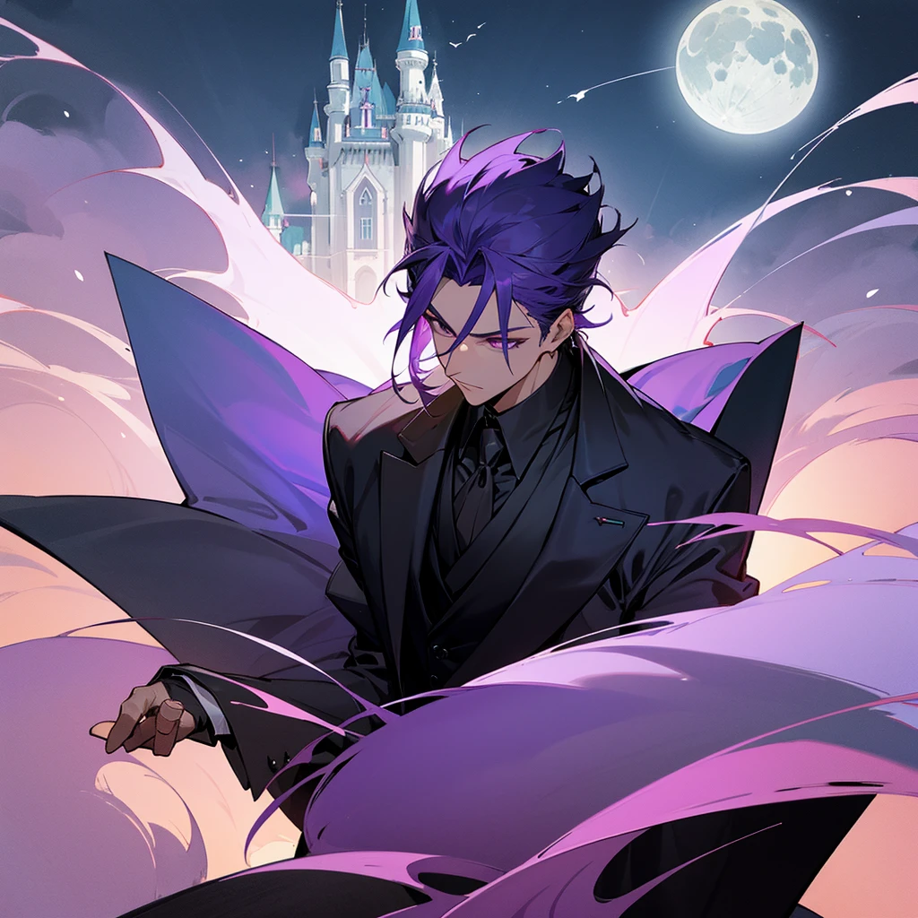 male, Black elegant suit, purple hair and eyes, floating, big castle on an island background, endless sea, far pov, moon bright behind castle