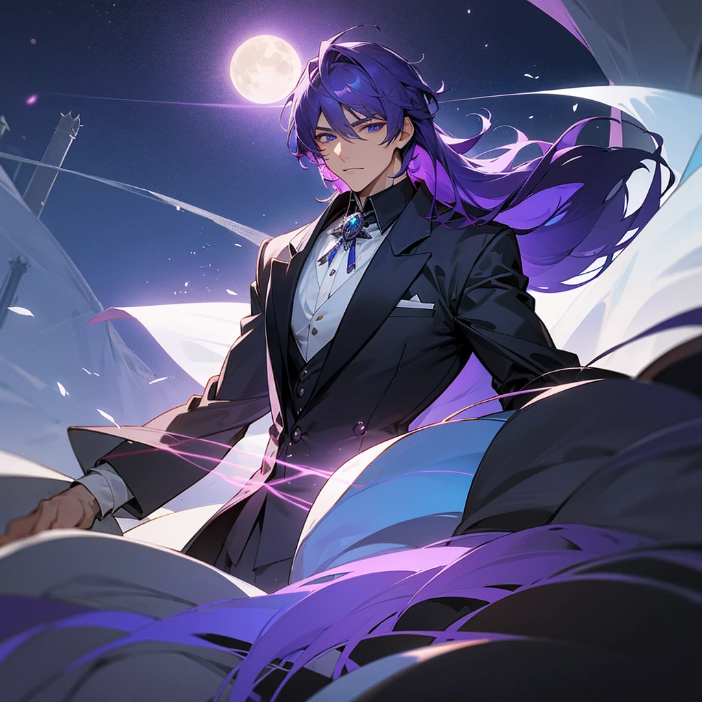male, Black elegant suit, purple hair and eyes, floating, big castle on an island background, endless sea, far pov, moon bright behind castle
