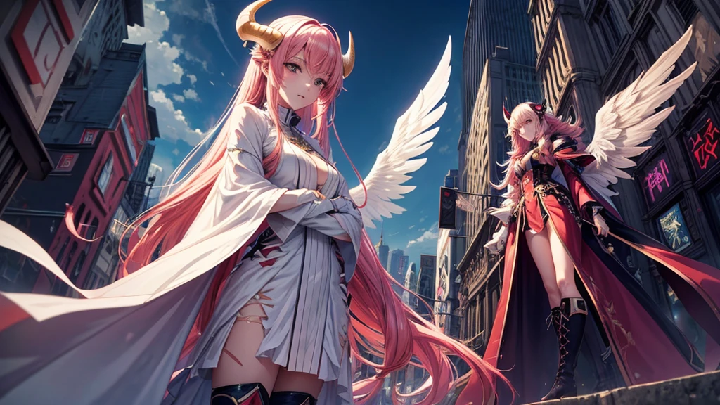 high-angle shots, and fisheye effects. A beautiful mecha angel lady and an mecha evil devil lady walking side by side, one with long blonde hair in white flowing gown with wings on back of her arms, other has pink red black colored hair wearing cloak and ripped jeans boots and horns with bat tail behind them city background realistic high detail, photo, cinematic, anime, dark fantasy, vibrant, landscape photography, fullbody