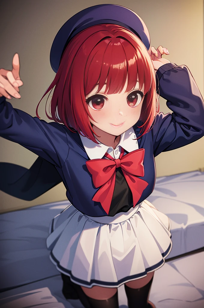 ((masterpiece)), ((best quality)), (ultra-detailed), ((kawaii)), cute, (lovely),(gleaming skin),from directly above,looking up at viewer, very close to viewers, view straight on, light blush, Wariza, ((seductive smile)), arima kana,aakana,red hair,  short hair, ((hollow eyes)), beret, red eyes, blue headwear, red bowtie, collared shirt, blue jacket, open jacket, long sleeves, grey skirt,black thigh high socks,night,hotel room