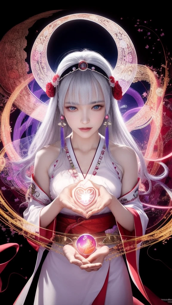 (masterpiece, top quality, 1 female, solo, exquisite details, chromatic aberration), (realistic), (skin), ((breathing)), (silver hair, blunt bangs, cropped straight long hair, short bangs, silver hair), beautiful hair, red headdress, highlights, hair on one eye, beautiful eyes, purple eyes, thick lips, earrings, piercing eyes, ((gold and white kimono)), ((symmetrical eyes)), ((perfectly symmetrical body)), ((perfectly symmetrical hands)), (purerosface_v1:0.3), full moon night, ((self, natural light))), bright lighting, flowers blooming in background, in front of viewer, ((central shot, from the front, (face and shoulders))), mysterious atmosphere, colorful flowers blooming around, bright colored background, shrine maiden in kimono, beautiful shrine maiden, Shrine maiden, fantasy female shrine maiden, female fortune telling shrine maiden, fantasy photography, Japanese style, elegant cinematic fantasy art, fantasy woman, sorceress portrait, powerful wizard surrounded by mystical colorful flowers, holding a glowing heart crystal ball, eyes glowing with mystical energy, spells leaking from her mouth, vibrant sorcery vortexes pulsating with rainbow hues appear in the air, magic permeates, flowers bloom, sacred creatures gaze in awe, threads of magical energy dance, reveal hidden realms, unravel secrets, capture the essence of this enchanting moment and bring to life the mystical power of sorcery on a canvas of the highest quality and finest detail. Top quality, masterpiece, ultra high resolution, (photorealistic: 1.4), RAW photo, sharp focus, high resolution, detailed skin.
Flowers blooming all around, bright colored background, fortune teller in kimono, beautiful fortune teller, fortune teller, fantasy female fortune teller, female fortune teller, fantasy photography, Japanese style, fortune teller in kimono, elegant cinematic fantasy art, fantasy woman, magician portrait, fortune teller, powerful wizard surrounded by mystical colorful flowers, holding a glowing heart c