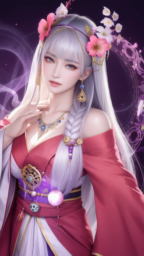 (masterpiece, top quality, 1 female, solo, exquisite details, chromatic aberration), (realistic), (skin), ((breathing)), (silver hair, blunt bangs, cropped straight long hair, short bangs, silver hair), beautiful hair, red headdress, highlights, hair on one eye, beautiful eyes, purple eyes, thick lips, earrings, piercing eyes, ((gold and white kimono)), ((symmetrical eyes)), ((perfectly symmetrical body)), ((perfectly symmetrical hands)), (purerosface_v1:0.3), full moon night, ((self, natural light))), bright lighting, flowers blooming in background, in front of viewer, ((central shot, from the front, (face and shoulders))), mysterious atmosphere, colorful flowers blooming around, bright colored background, shrine maiden in kimono, beautiful shrine maiden, Shrine maiden, fantasy female shrine maiden, female fortune telling shrine maiden, fantasy photography, Japanese style, elegant cinematic fantasy art, fantasy woman, sorceress portrait, powerful wizard surrounded by mystical colorful flowers, holding a glowing heart crystal ball, eyes glowing with mystical energy, spells leaking from her mouth, vibrant sorcery vortexes pulsating with rainbow hues appear in the air, magic permeates, flowers bloom, sacred creatures gaze in awe, threads of magical energy dance, reveal hidden realms, unravel secrets, capture the essence of this enchanting moment and bring to life the mystical power of sorcery on a canvas of the highest quality and finest detail. Top quality, masterpiece, ultra high resolution, (photorealistic: 1.4), RAW photo, sharp focus, high resolution, detailed skin.
Flowers blooming all around, bright colored background, fortune teller in kimono, beautiful fortune teller, fortune teller, fantasy female fortune teller, female fortune teller, fantasy photography, Japanese style, fortune teller in kimono, elegant cinematic fantasy art, fantasy woman, magician portrait, fortune teller, powerful wizard surrounded by mystical colorful flowers, holding a glowing heart c