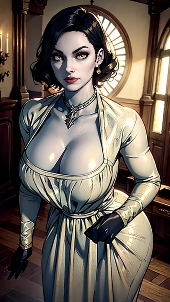 Alcina,yellow eyes,black hair,short hair,
white dress with flower, single earring,cleavage, black gloves, veiny,
upper body, standing, cowboy shot, curvy, leaning forward,
looking at viewer,smile,
castle,indoors,night, desk,
(insanely detailed, beautiful detailed face, beautiful detailed eyes, masterpiece, best quality),solo,