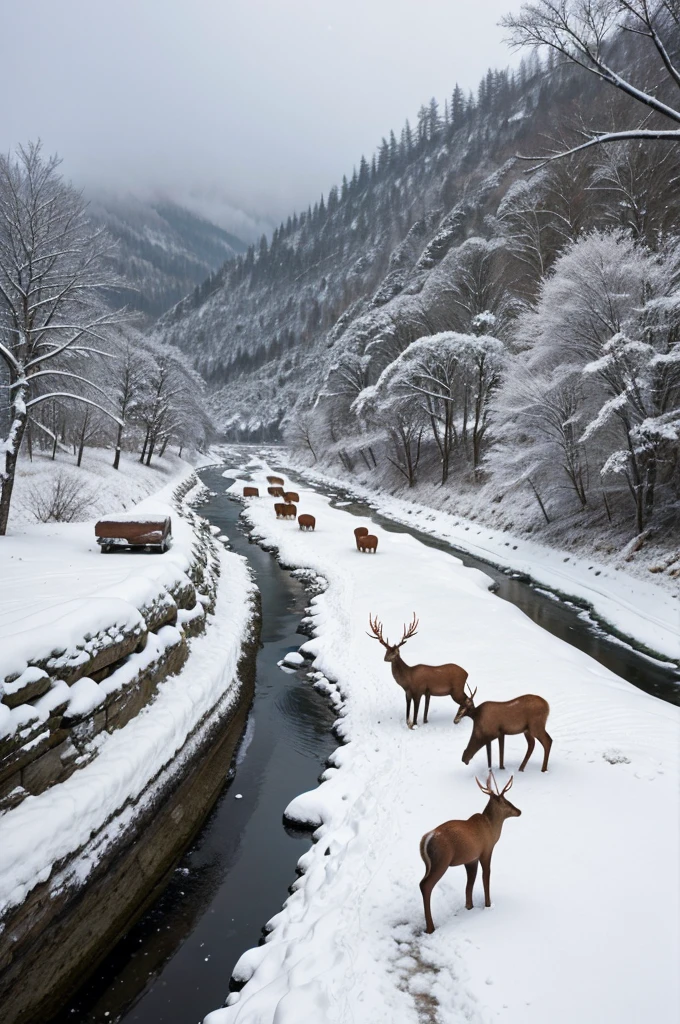 fantasy forest、Heavy snow is falling in the sky、River freezes，Elk passing by gently