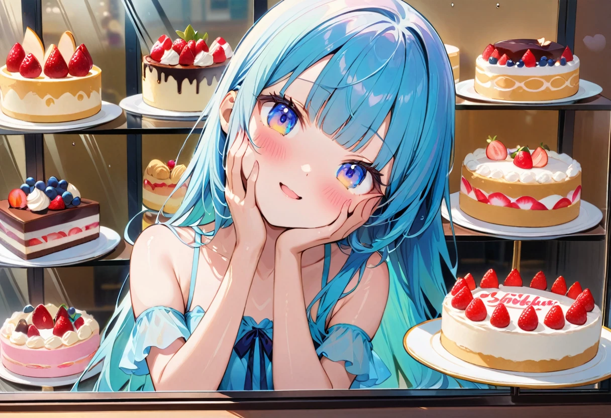masterpiece, best quality, extremely detailed, (illustration, official art:1.1),adorable face、 1 girl ,(((( light blue long hair)))),pale blue hair,, long hair ((blush)) , cute face, big eyes, masterpiece, best quality,(((((a very delicate and beautiful girl))))),Amazing,beautiful detailed eyes,blunt bangs((((little delicate girl)))),tareme(true beautiful:1.2), sense of depth,dynamic angle,,,, affectionate smile, (true beautiful:1.2),,(tiny 1girl model:1.2),)(flat chest)、(8k, RAW photo, best quality, masterpiece, highres, absurdres, ultra detailed: 1.3), (Photography, realistic, photo-realistic: 1.4), (beautiful natural lighting, beautiful detailed glow: 1.4),
BREAK 1 beautiful girl, (Cute: 1.5), (Chibi: 0.5), (kawaii: 2), (change: 2), , (Solo: 1.65), BREAK, (flat chest), Clear skin, , (, long eyelashes, Double eyelids: 1.4), Shiny skin, BREAK, , (curious look, blush: 1.45), ((((head tilt:1.2)))),(embarrassed),
BREAK
, (, A girl makes an enchanting face while pressing her face against the glass in front of a cake shop's showcase: 1.65)),
BREAK WAKAME, WAKAME, (cowboy shot, from side: 1.4),
