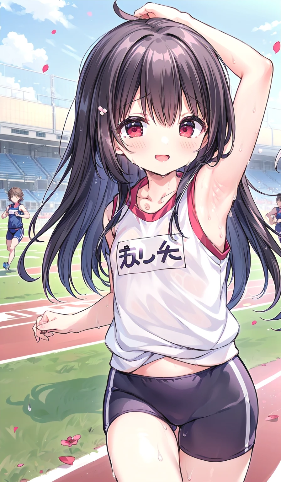 Very cute short loli, adolescent, (showing both armpits :1.2), (short height, , , Loli), (masterpiece, realistic, best quality:1), light, (detailed face, detailed eyes, detailed hair:1.1), ultra detailed, 8k, intricate details, 1girl, solo, anime, looking at viewer, (small  girl, , side pits, sweat drips armpits, cute and petite:1.4), (exercising, running marathon, sports wear, gym clothes, track uniform, sweating profusely:1.3) cute flower headband, wearing rose necklace under the collarbone, detailed face, (red ruby eyes, very detailed eyes), very long black hair, elegant, brave and positive smile to viewer, pointing to viewer, eyes blinking at viewer, (on running track, school background at daylight:1.2)