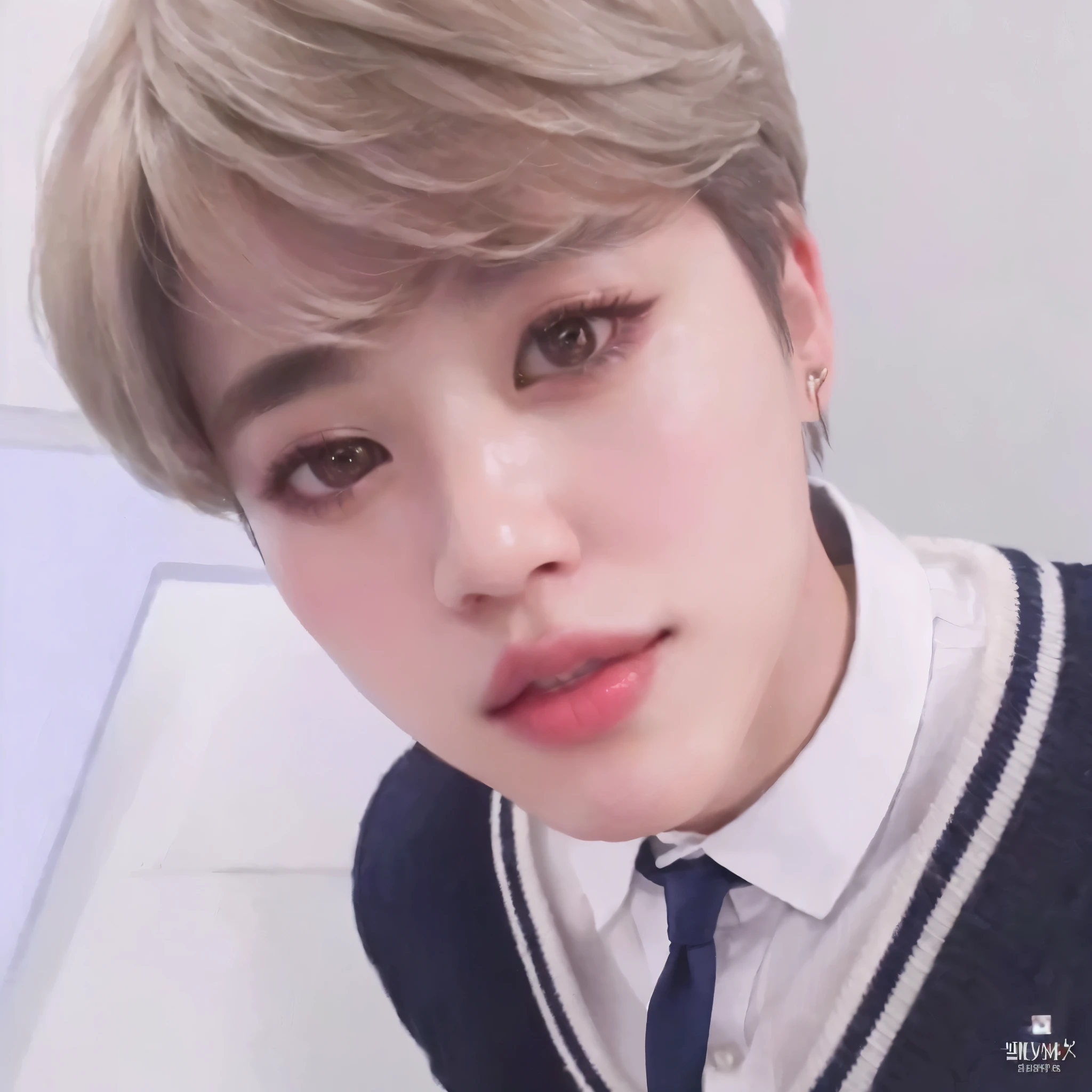 blurred photo of a boy in a tie and sweater, Jimin\the full lips, accurate Jimin face, park Jimin, Jimin, Jimin\the right eyelid is swollen, Jimin\the Greek nose, jung jaehyun, hyung tae, Tae June Kim, profile picture with headshot, Hong Jun Hyung, adorable and pale korean face, Kim Doyoung