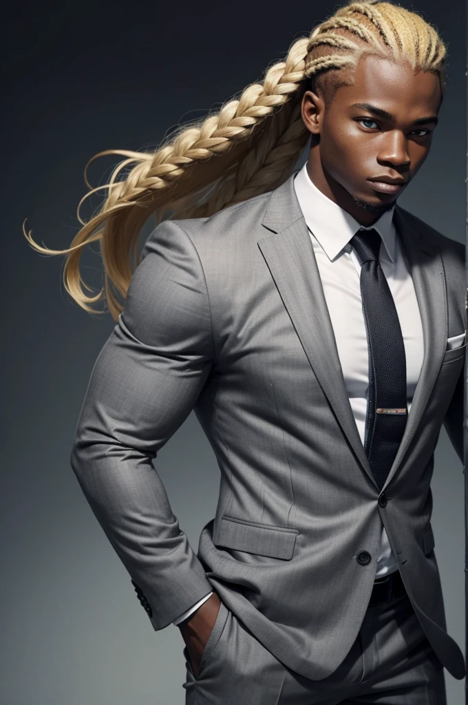 21 year old man from Congo, bulky muscular body, blonde cornrow hair, strong, in gray business suit, on football field, heroic pose