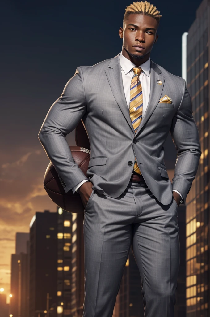 21 year old man from Congo, bulky muscular body, blonde cornrow hair, strong, in gray business suit, on football field, heroic pose