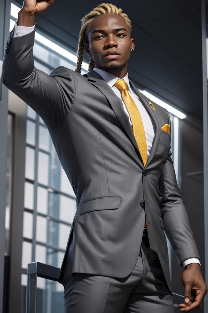 21 year old man from Congo, bulky muscular body, blonde cornrow hair, strong, in gray business suit, on football field, heroic pose