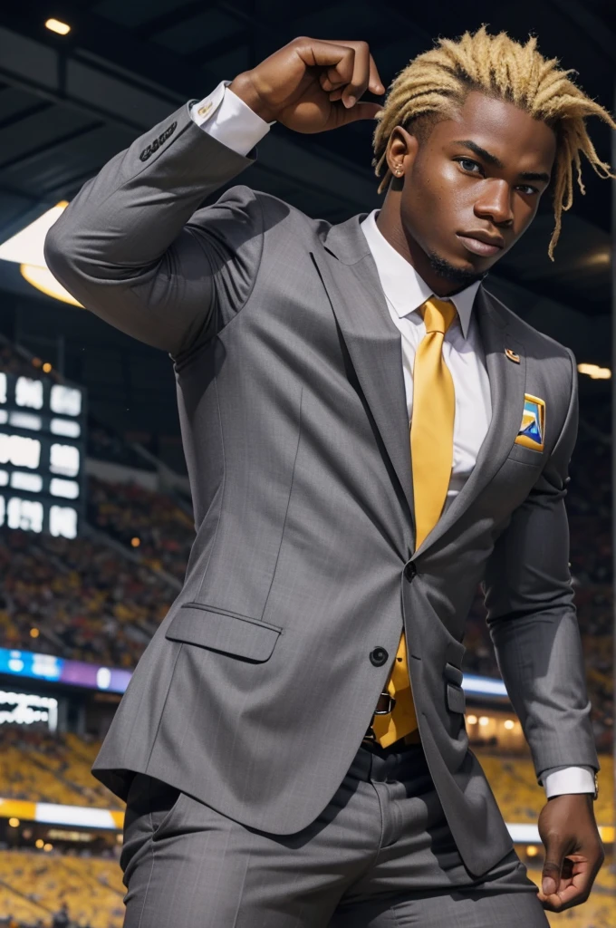 21 year old man from Congo, bulky muscular body, blonde cornrow hair, strong, in gray business suit, on football field, heroic pose