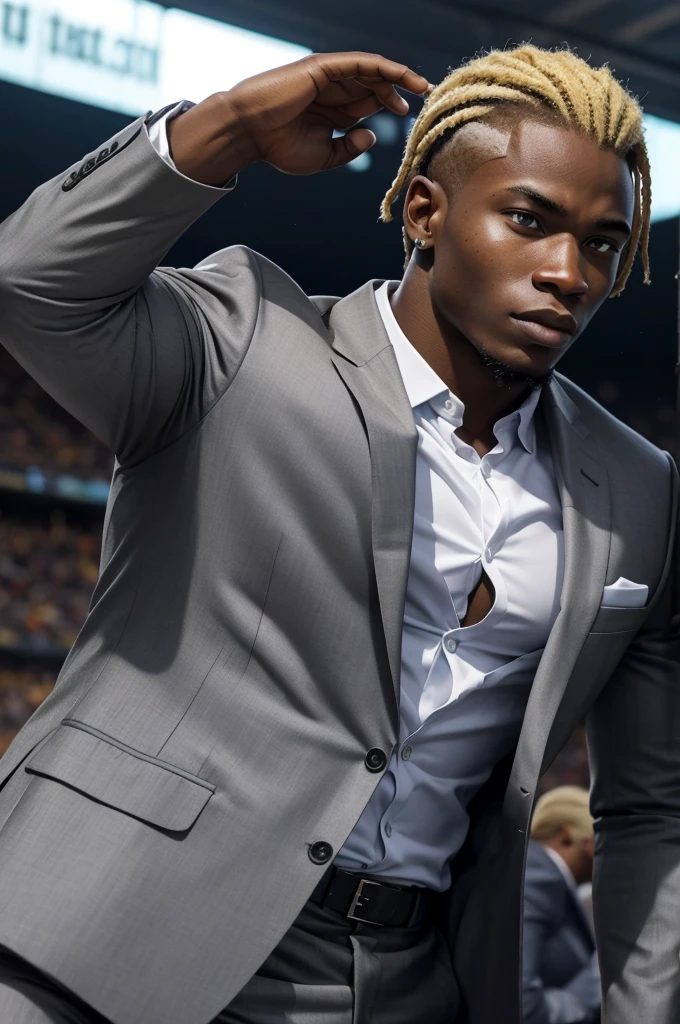 21 year old man from Congo, bulky muscular body, blonde cornrow hair, strong, in gray business suit, on football field, heroic pose