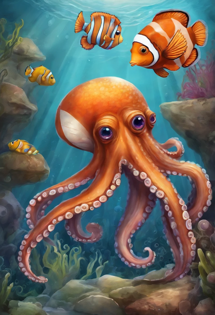 ((octopus with tentacles around a clownfish, garbage pail kids style)), under water, coral reef in background, 3d cartoon, high quality, detailed,