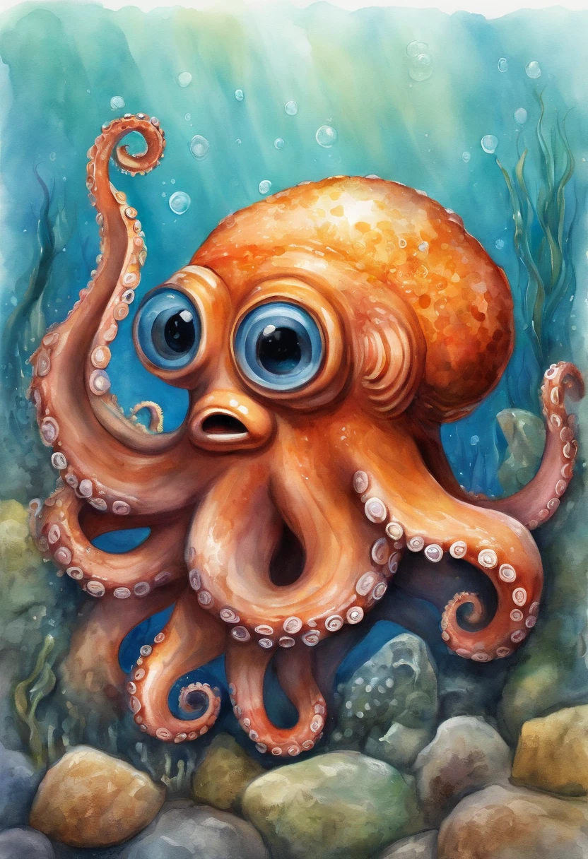 ((octopus with tentacles around a clownfish, garbage pail kids style)), under water, coral reef in background, 3d cartoon, high quality, detailed,