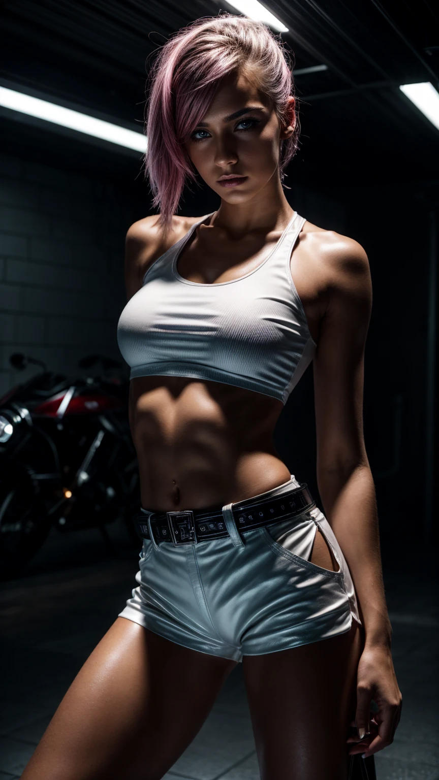 Seductive and confident look. Visible entire body. Sweaty. Big biceps, visible veins. Folded arms, Long legs. Slim teenage european girl. Shiny leather shorts, sneakers, white shirt. Motorbike garage. Pink hair, sidecut. Piercing. backlit, smirk, belt, backlit, perfect sultry make-up, cinematic, realistic, high contrast, visually rich,piercing eyes, strong eyeliner, mesmerizing eyes, elegant, graceful, natural beauty, charismatic, versatile, photogenic, very detailed